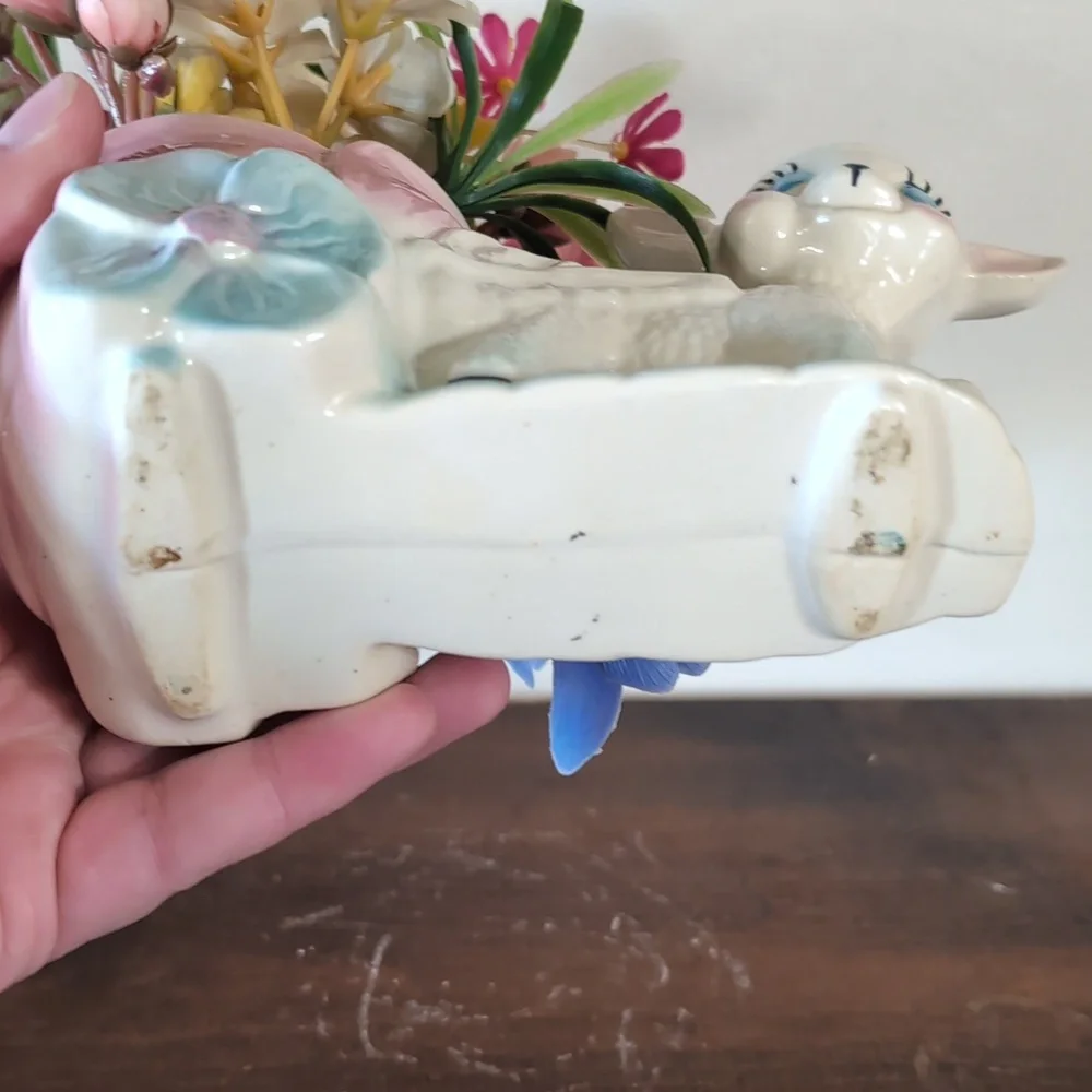 Charming Pastel Lamb Planter with Flowers Cottagecore Vintage Blue Pink Decor